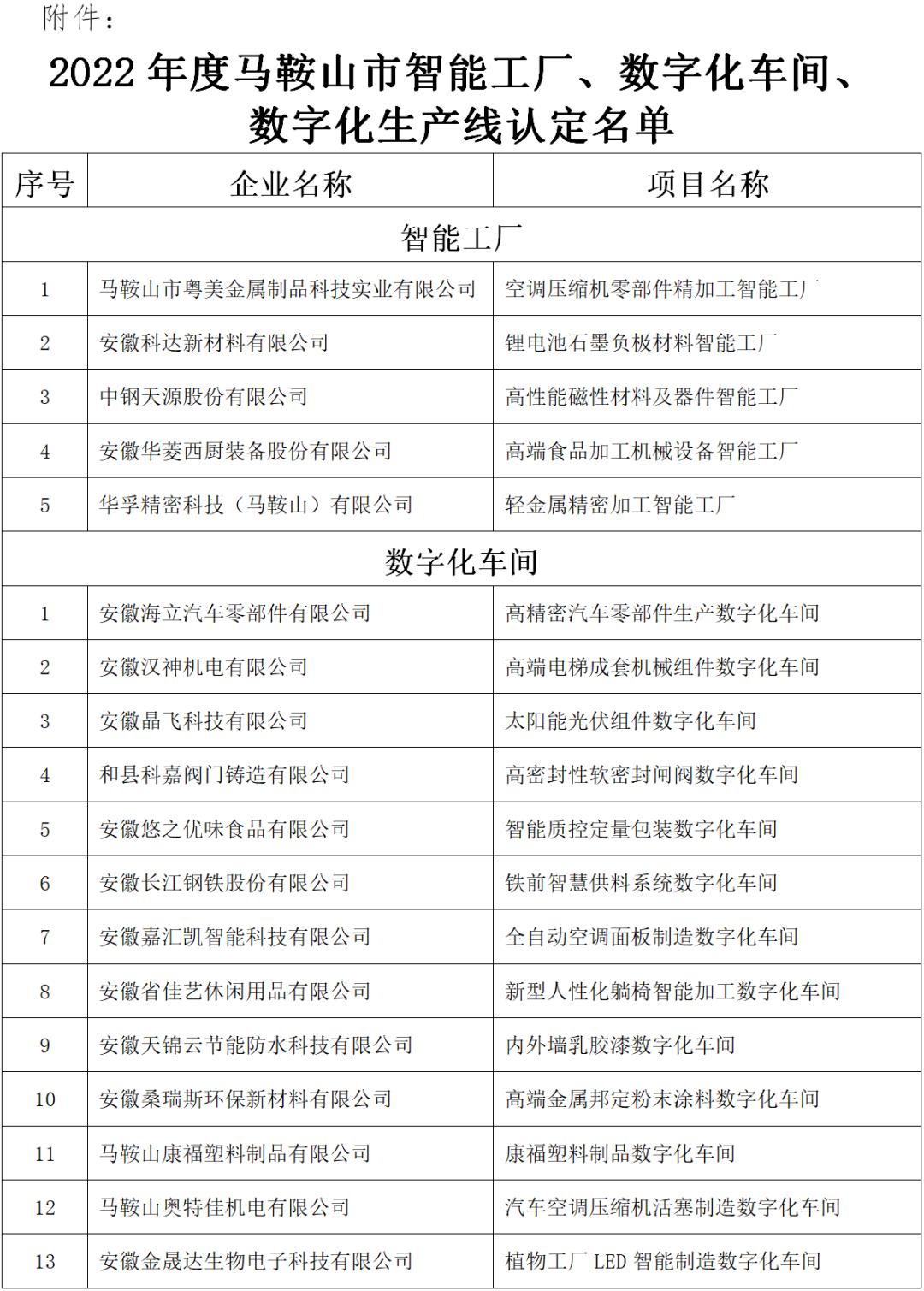馬鞍山市智能工廠、數字化車間、數字化生產線認定名單